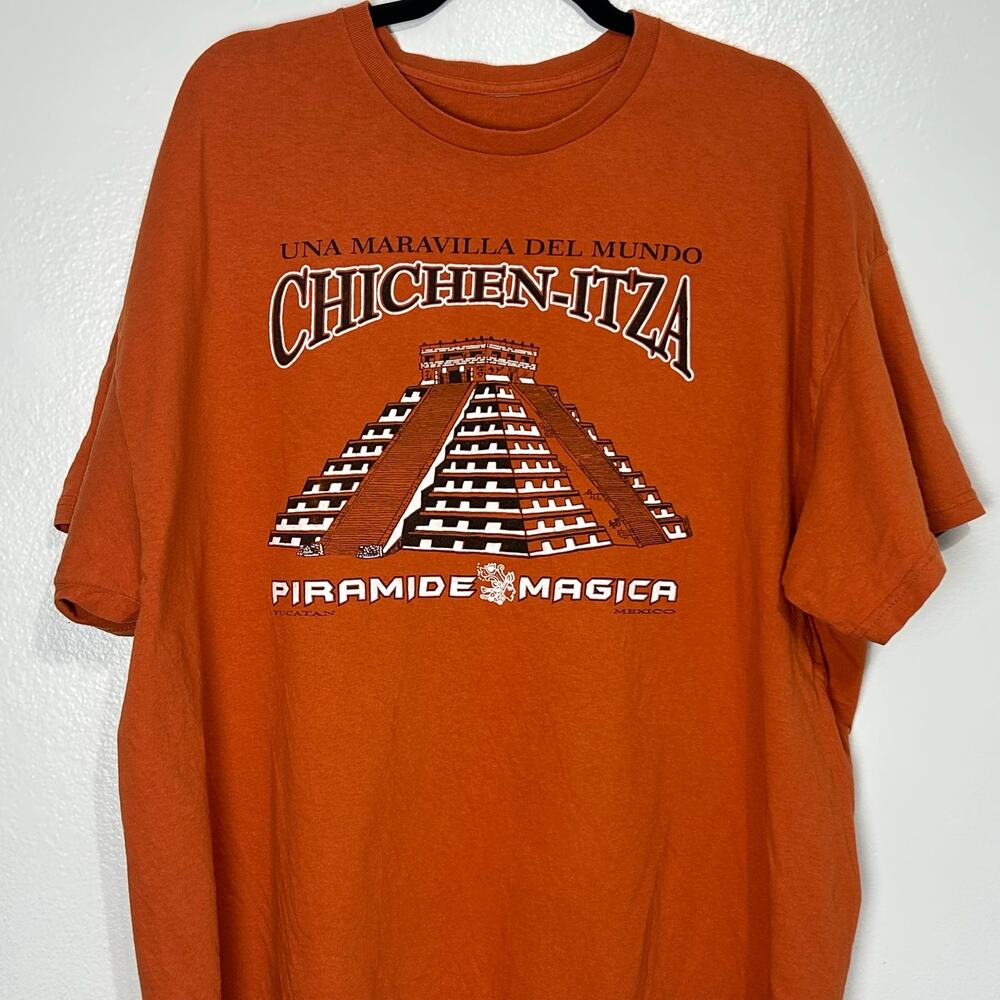 Vintage Chichen Itza Pyramid Mexico T-Shirt XL Orange Souvenir Travel Tee